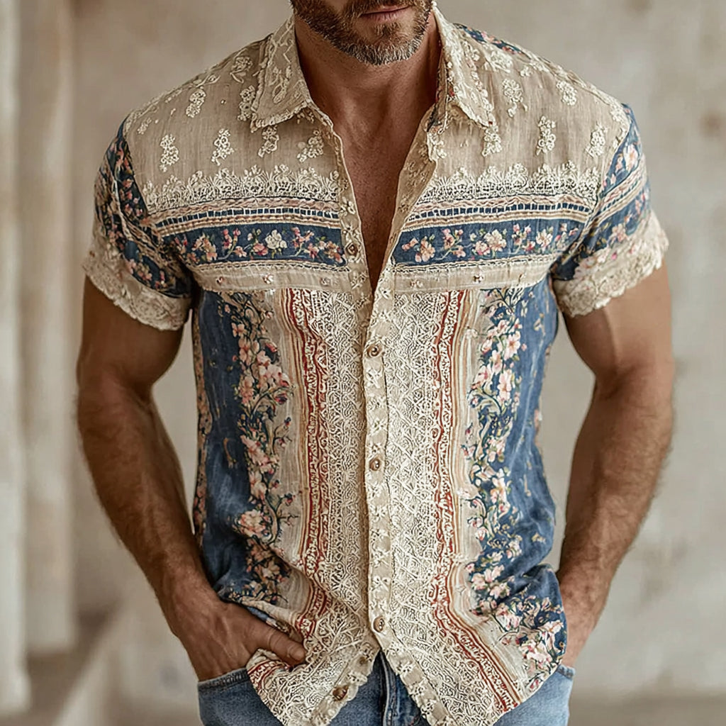 Men's Retro Floral Patchwork Pattern Casual Shirt