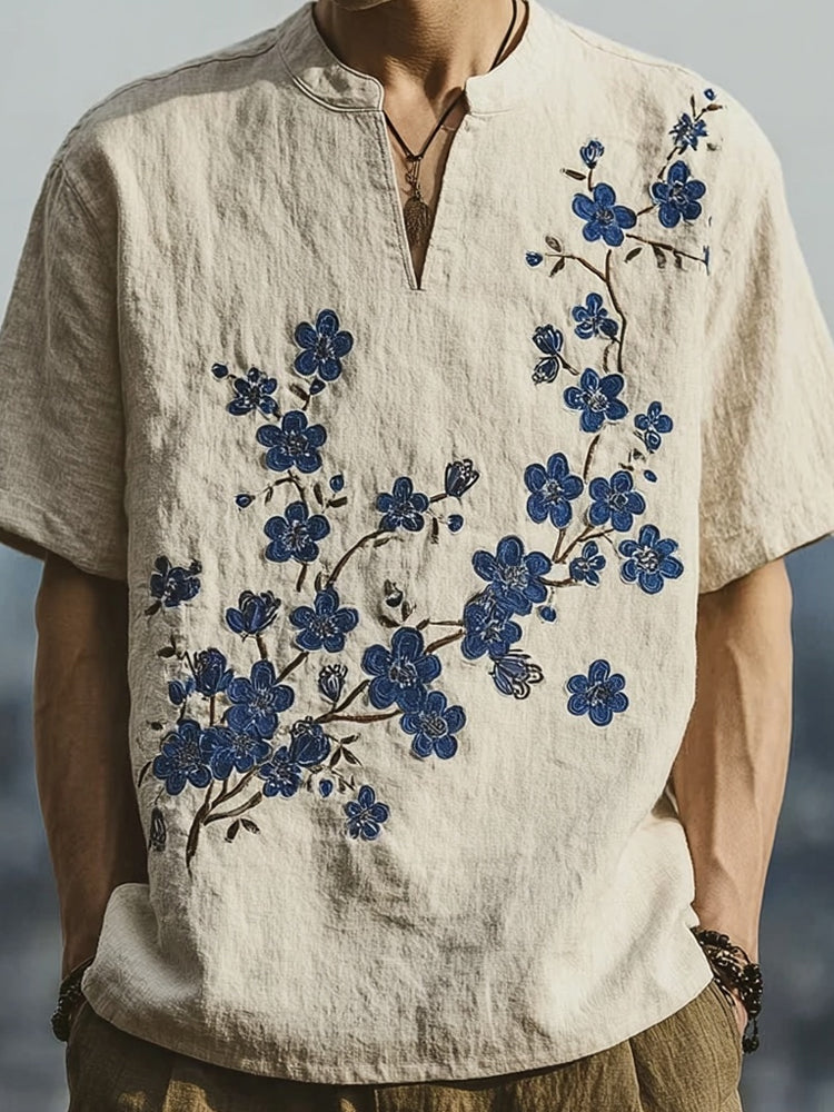 Men's Japanese Blue Plum Blossom Art Cozy Linen Shirt