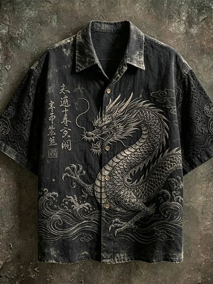 Men's Japanese Dragon Totem Art Tie-dye Cotton And Linen Lapel Short Sleeve Shirt