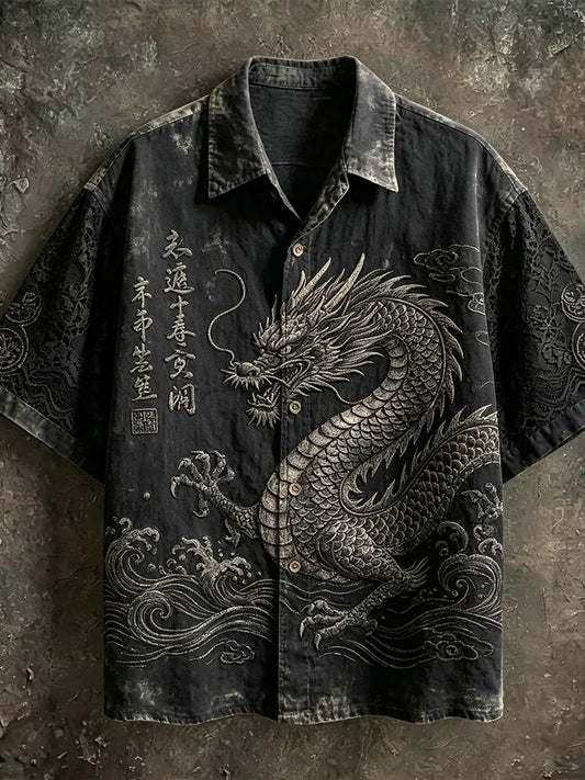 Men's Japanese Dragon Totem Art Tie-dye Cotton And Linen Lapel Short Sleeve Shirt