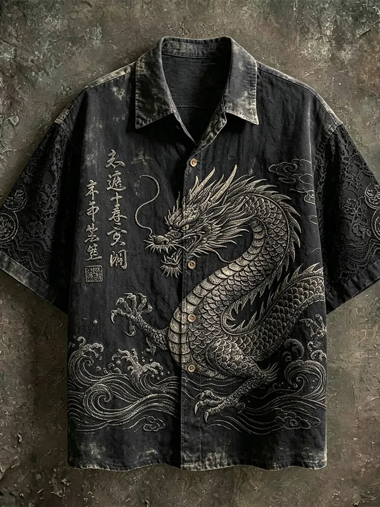 Men's Japanese Dragon Totem Art Tie-dye Cotton And Linen Lapel Short Sleeve Shirt