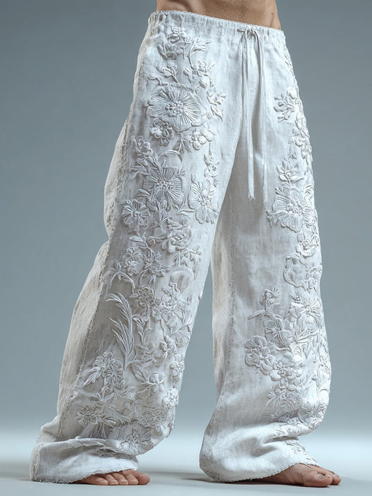 Men's Floral Lace Embroidered Comfy Linen Pants