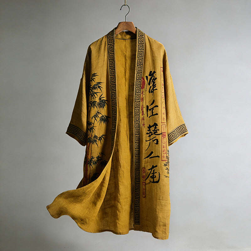 Men's Japanese Bamboo Calligraphy Linen Long Kimono