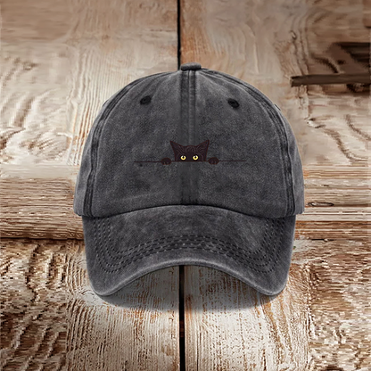 Japanese Art Black Cat Print Washed Hat