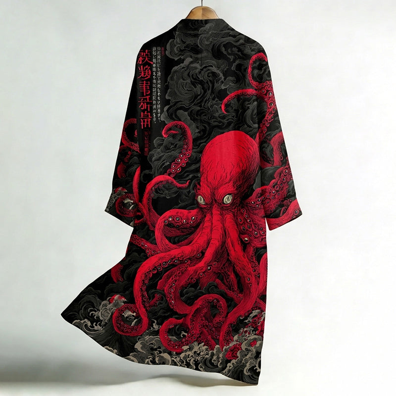 Men's Japanese-style Octopus Print Linen Long Kimono