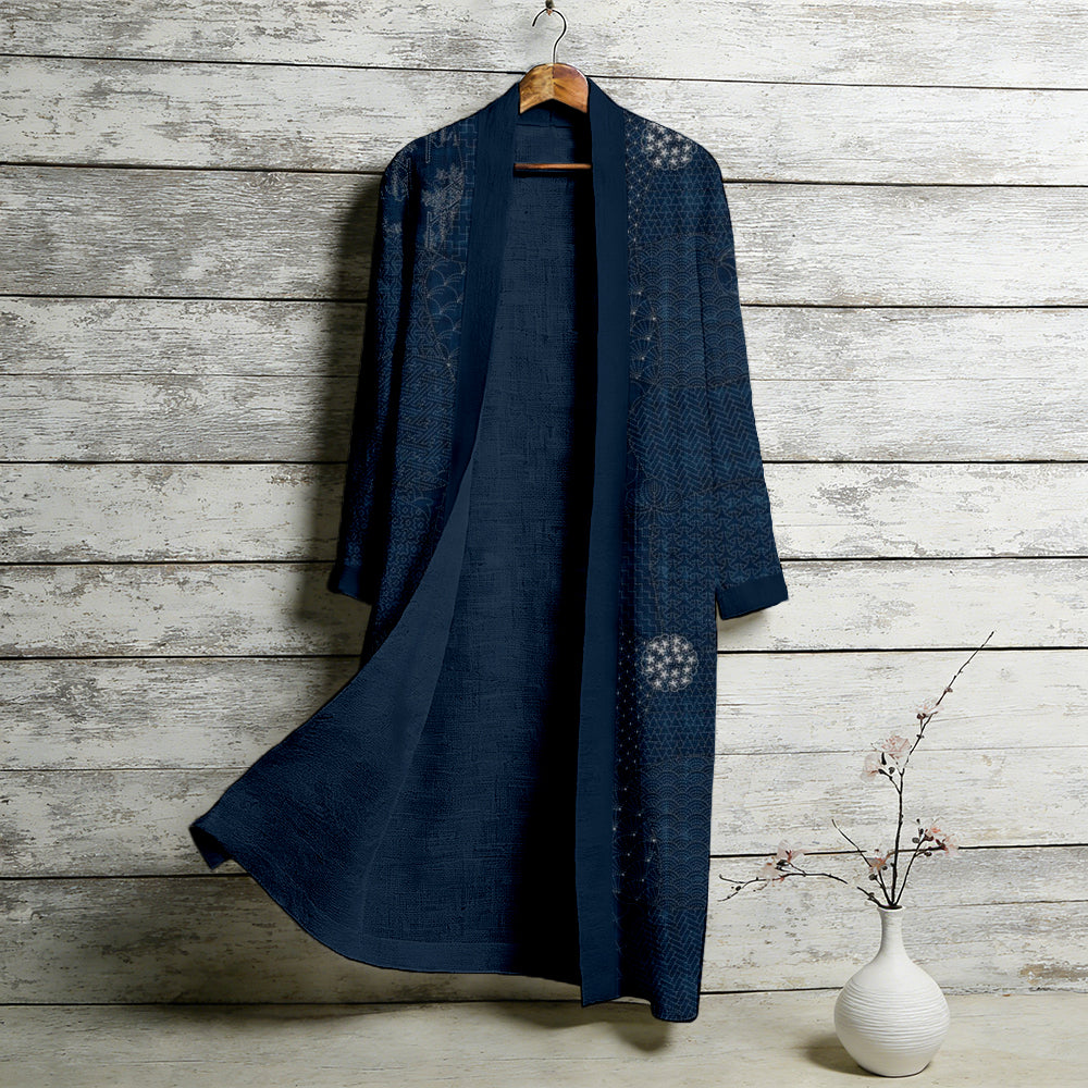Vintage Japanese Sashiko Art Flowy Linen Long Kimono