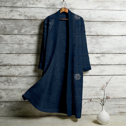 Vintage Japanese Sashiko Art Flowy Linen Long Kimono
