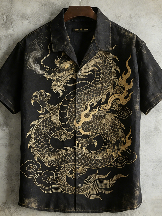 Japanese Art Retro Dragon Pattern Short Sleeve Shirt