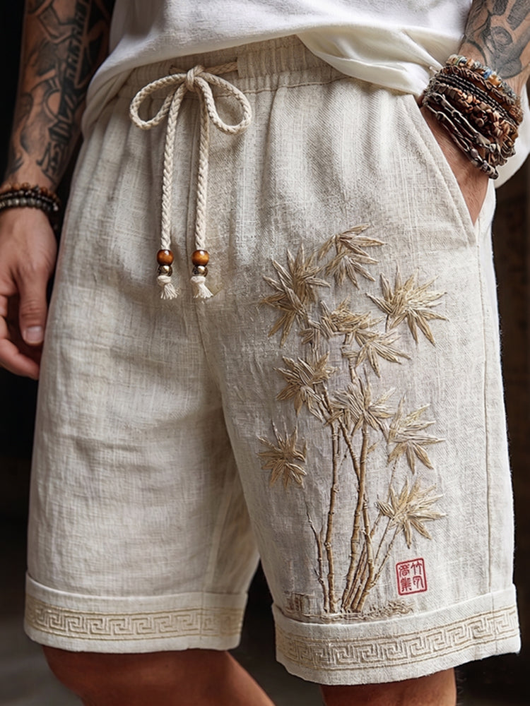 Men's Japanese Bamboo Embroidery Art Linen Blend Casual Shorts