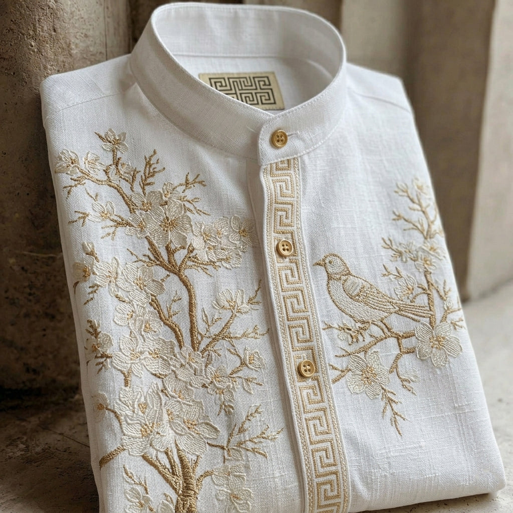 Retro Cherry Blossom And Bird Pattern Short-sleeve Shirt