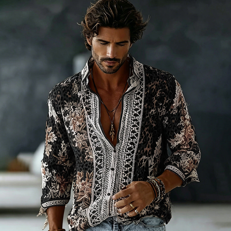 Men's Retro Floral In Leopard Art Print Flowy Linen Blend Shirt