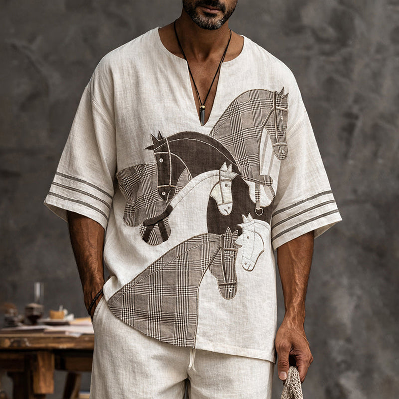 Men's Short-sleeved Shirt And Shorts Horse Design Suit