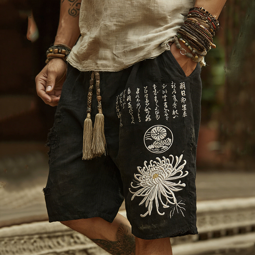 Japanese-style White Chrysanthemum And Calligraphy Art Embroidery Washed Cotton Linen Shorts