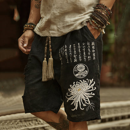 Japanese-style White Chrysanthemum And Calligraphy Art Embroidery Washed Cotton Linen Shorts