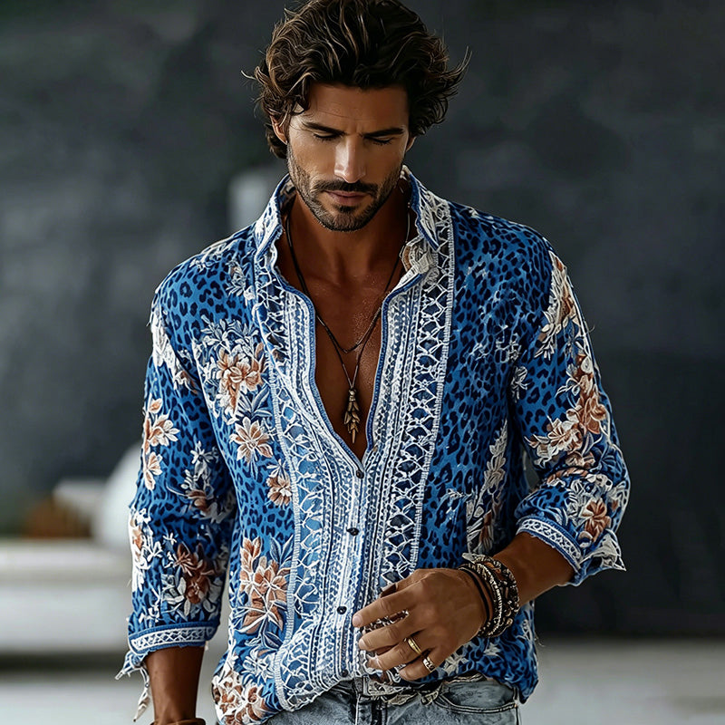 Men's Retro Floral In Leopard Art Print Flowy Linen Blend Shirt