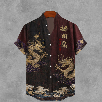 Men's Japanese Retro Dragon Art Casual Linen Shirt
