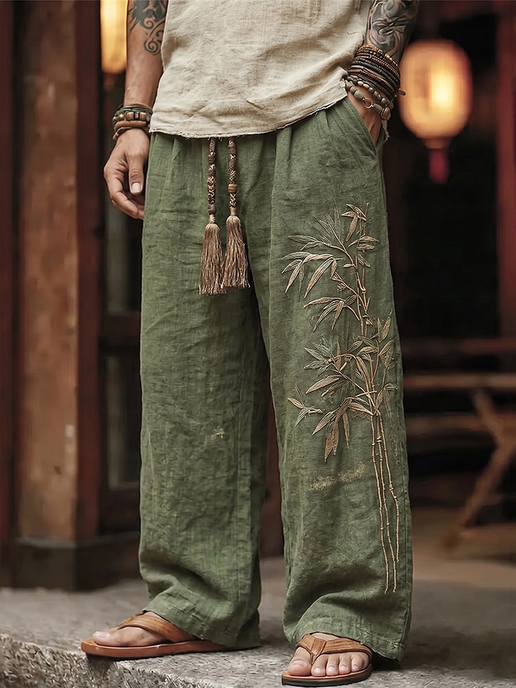 Men's Vintage Japanese Bamboo Embroidery Art Linen Blend Pants