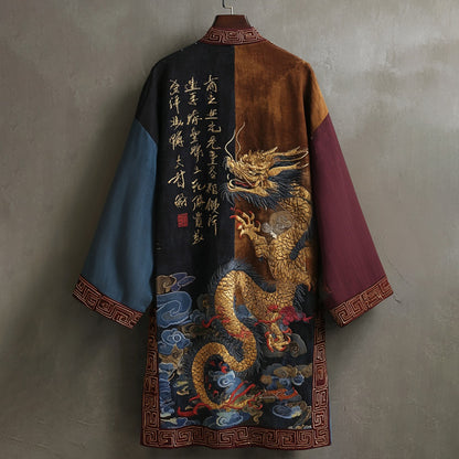 Japanese Style Retro Calligraphy Dragon Art Patchwork Flowing Kimono