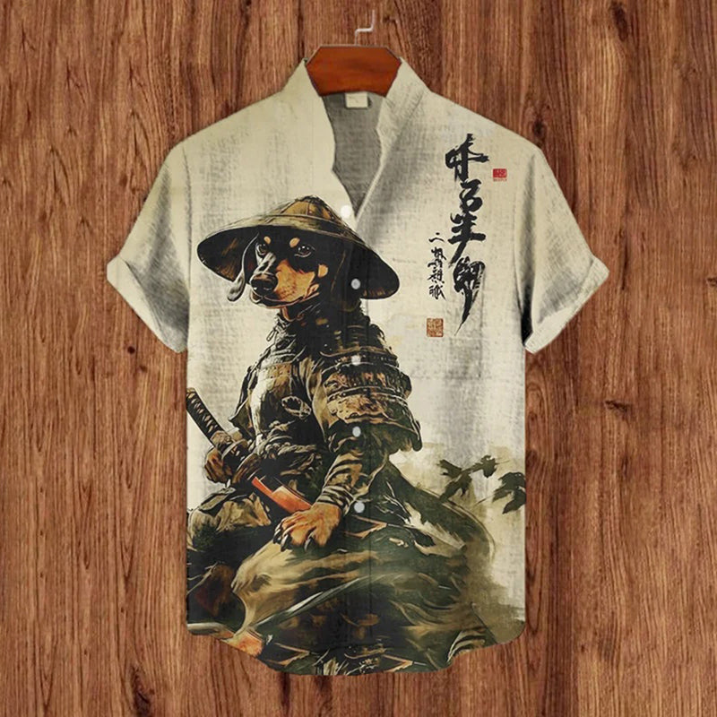 Men's Cool Dachshund Dog Samurai Print Short Sleeve Shirt
