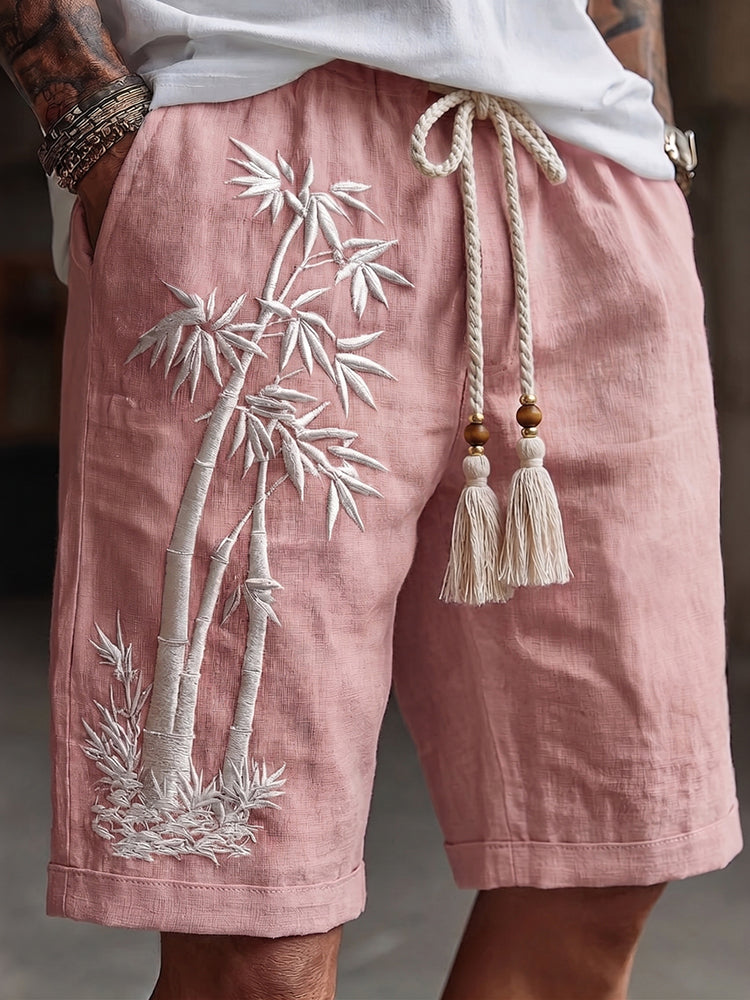 Men's Japanese Bamboo Embroidery Art Linen Blend Shorts
