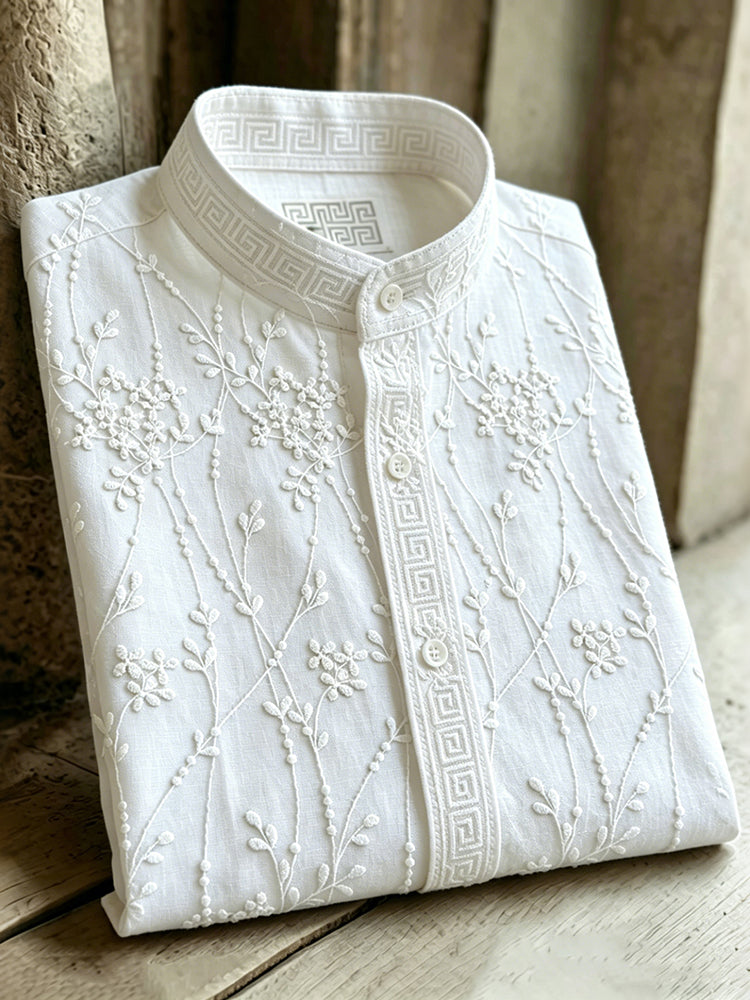 Retro Floral Pattern Casual Linen Blend Shirt