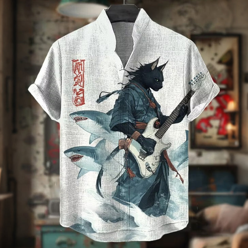 Vintage Japanese Cat Gradient Art Casual Shirt