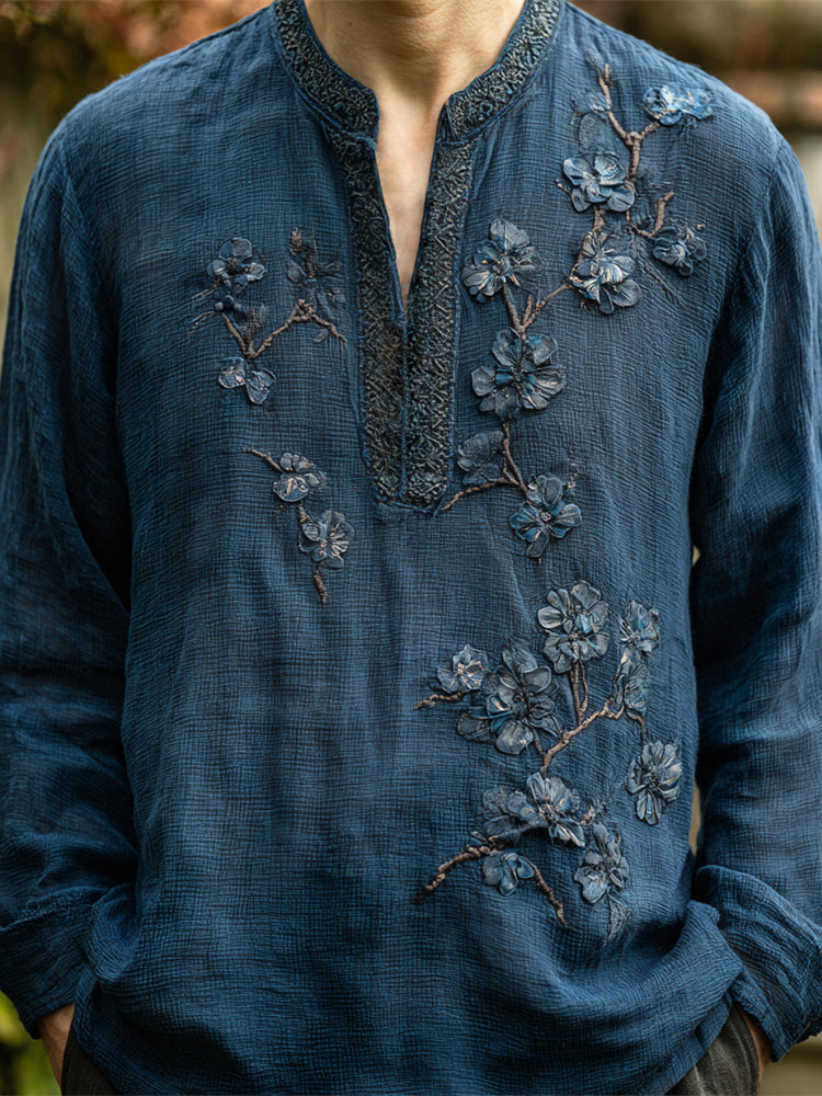 Boho Floral Embroidery Men's Linen Long Sleeve Shirt