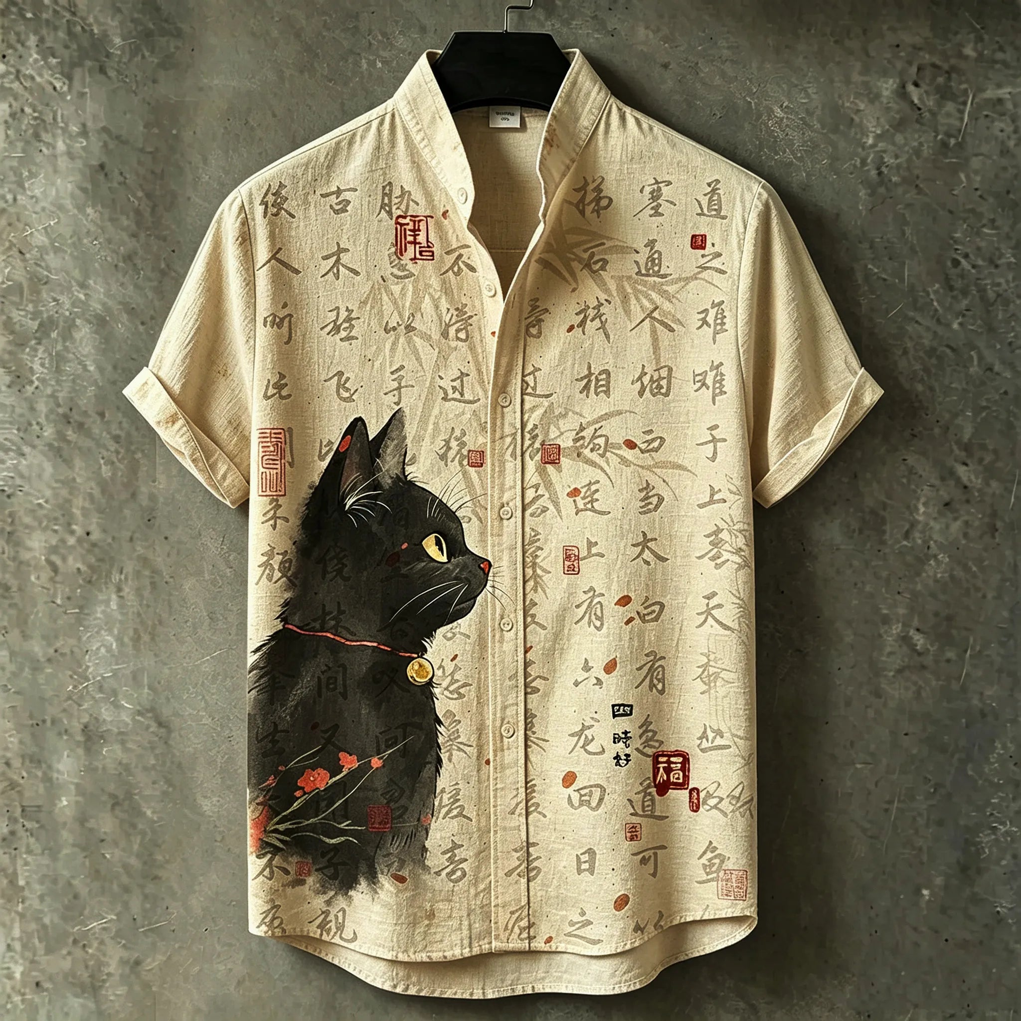 Men's Retro Japanese Art Cat And Calligraphy Print Shirt
