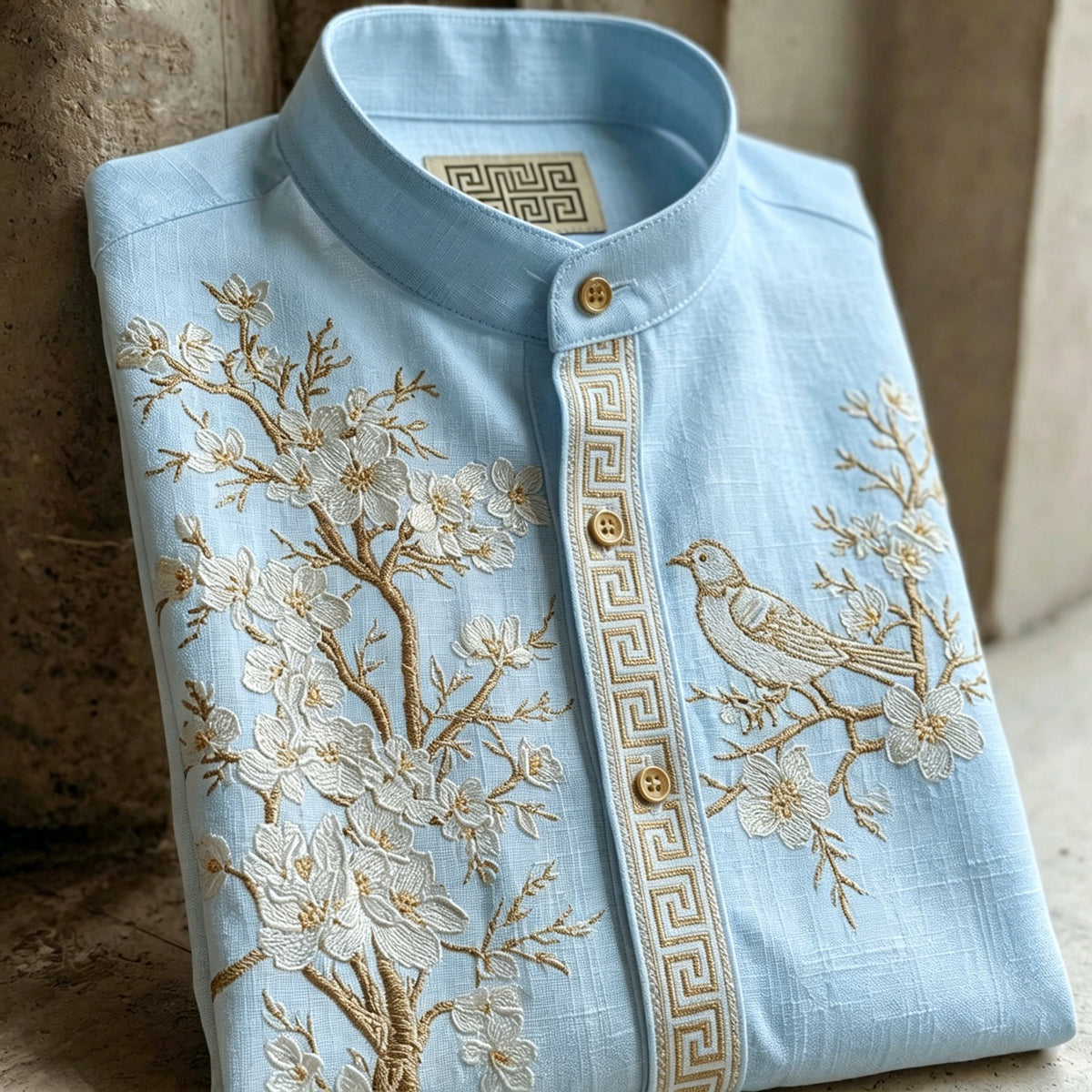 Retro Cherry Blossom And Bird Pattern Short-sleeve Shirt