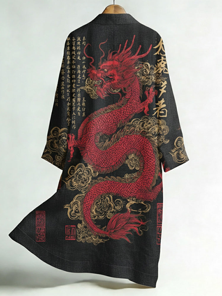 Men's Japanese Dragon Art Print Linen Long Kimono