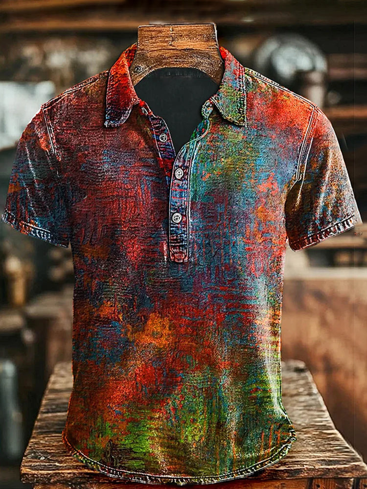 Men's Retro Colorful Old Printed Casual Short Sleeve Polo Shirt