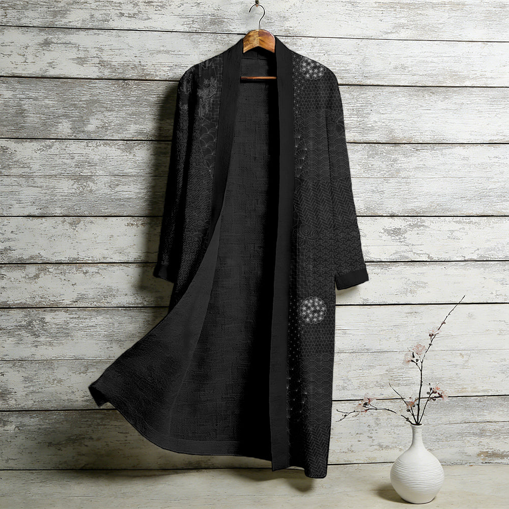 Vintage Japanese Sashiko Art Flowy Linen Long Kimono