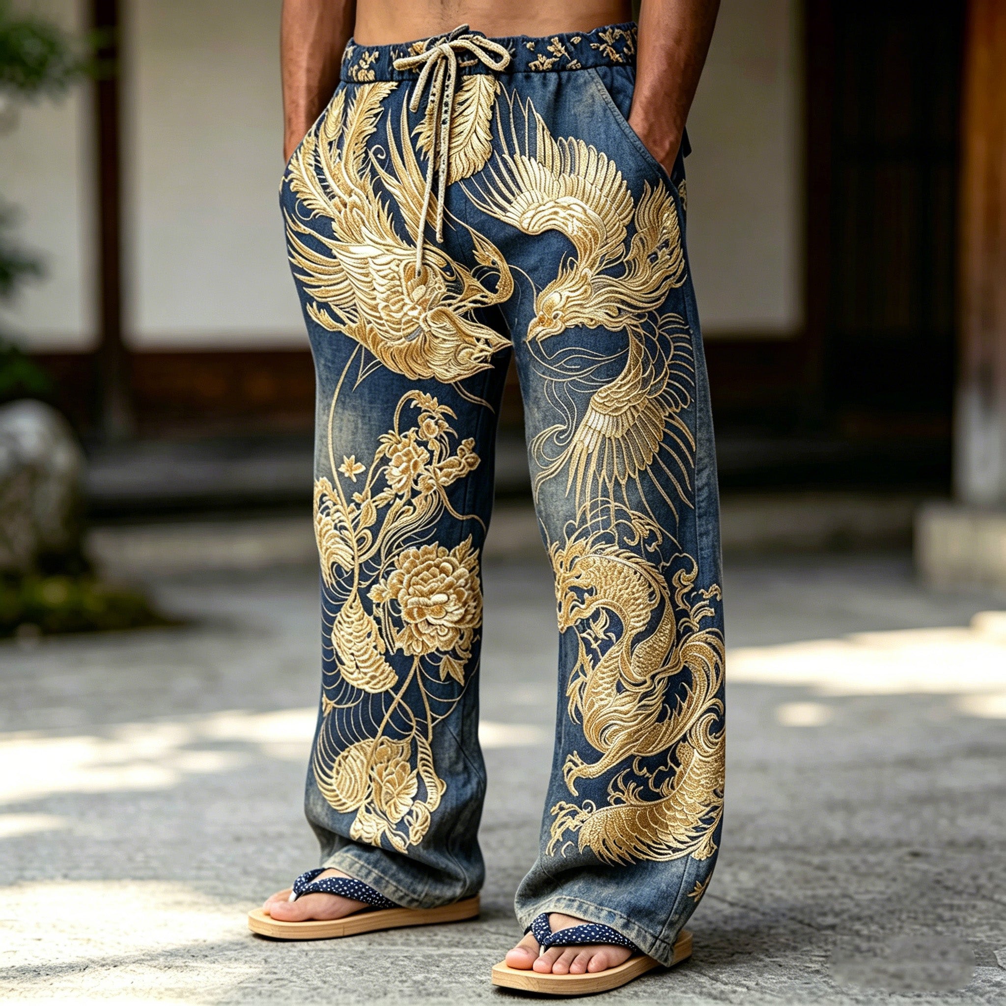 Men's Japanese-style Floral, Dragon And Bird Print Casual Trousers