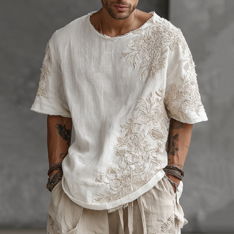 Japanese Floral Embroidered Casual Crew Neck Linen Tops