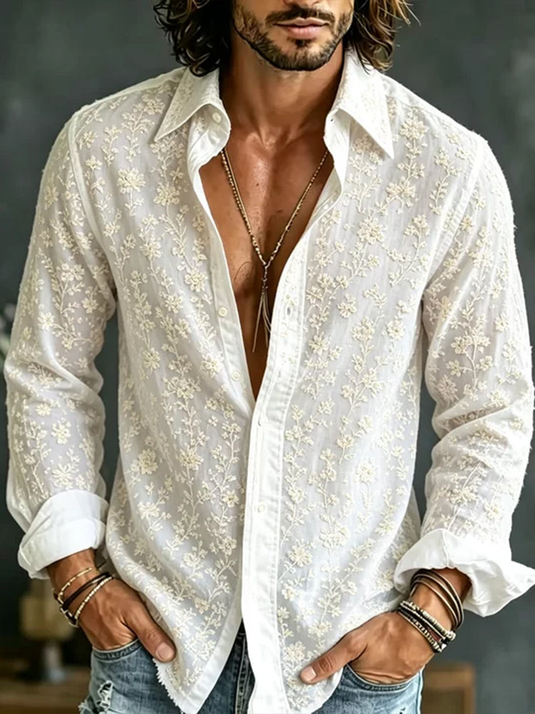 Men's Small Floral Embroidery Art Comfortable Cotton Linen Casual Long Sleeve Shirt