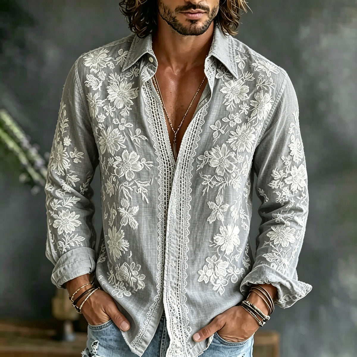 Men's Floral Embroidered Casual Cotton Linen Long-sleeved Shirt