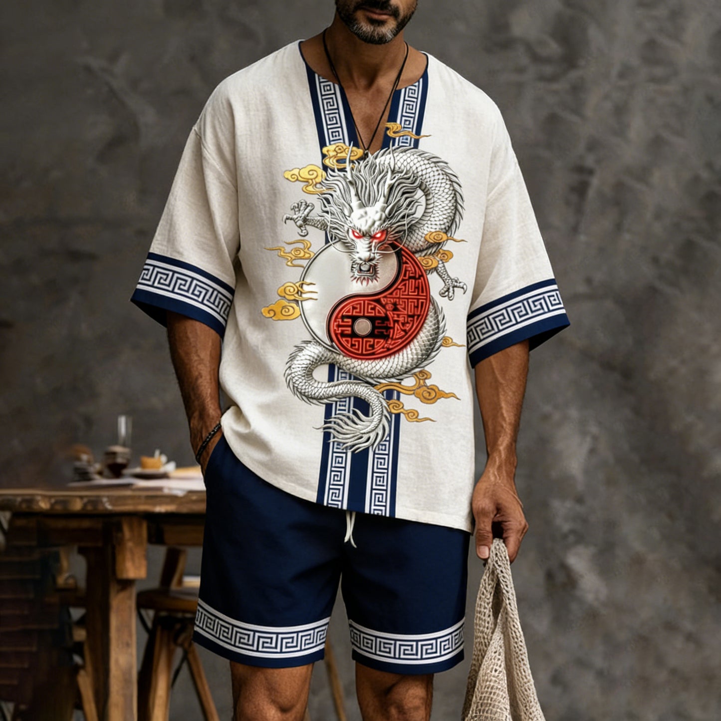 Men's Retro Color Block Dragon Design Suit