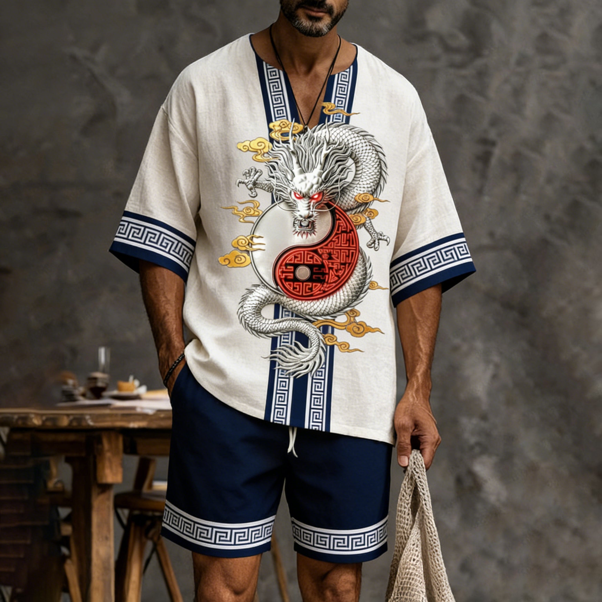 Men's Retro Color Block Dragon Design Suit