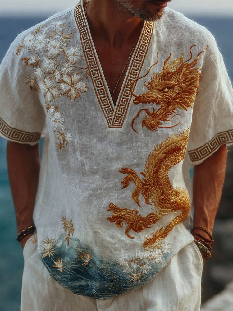 Men's Vintage Dragon & Floral Art Casual Linen V-neck T-shirt