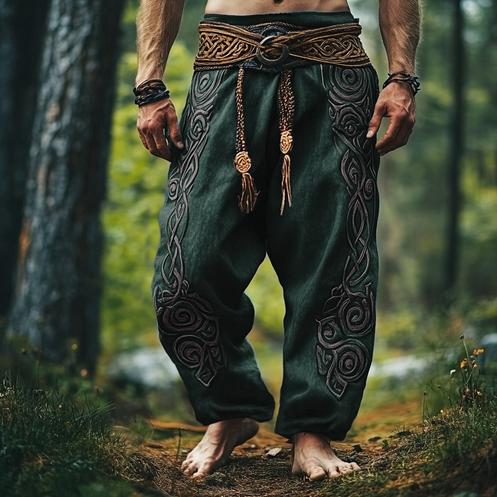 Tribal Viking Celtic Embroidery Art Linen Long Loose Wide-leg Pants