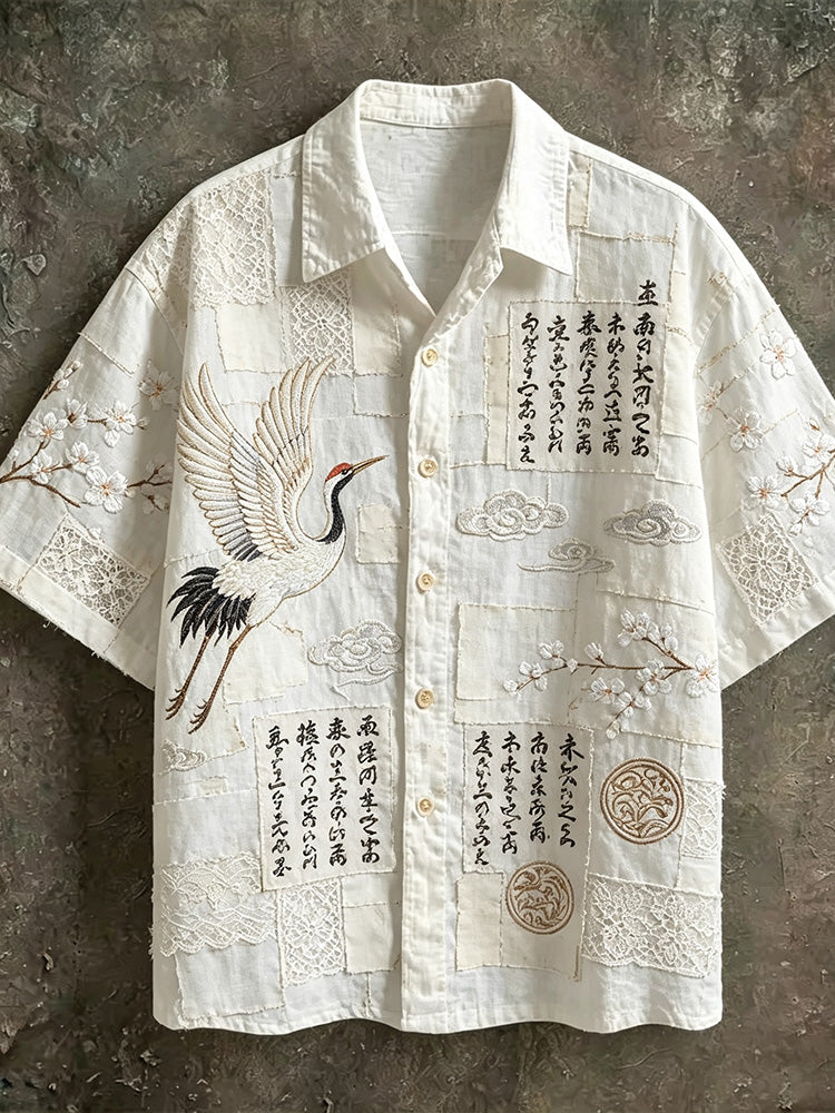 Men's Japanese Style Crane And Cherry Blossom Patchwork Art Short Sleeve Shirt