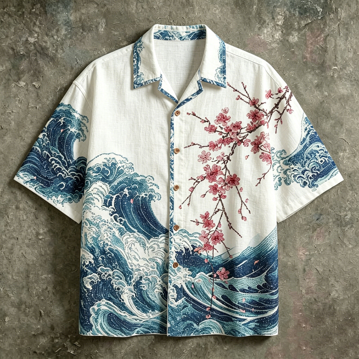Men's Retro Japanese Wave Texture And Cherry Blossom Art Pattern Casual Shirt