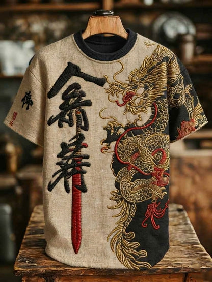 Men's Japanese Dragon And Sword Pattern Linen Blend T-shirt