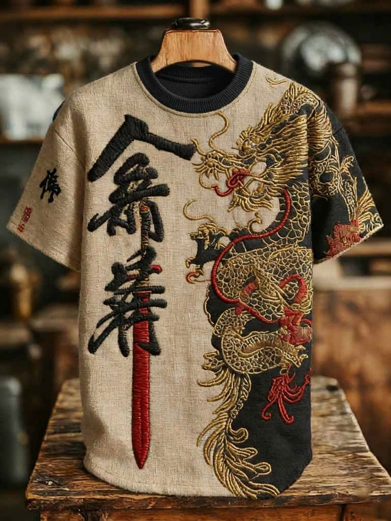 Men's Japanese Dragon And Sword Pattern Linen Blend T-shirt