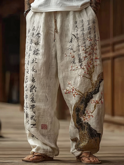 Japanese Art Style Sakura And Calligraphy Pattern Leisure Linen Long Pants