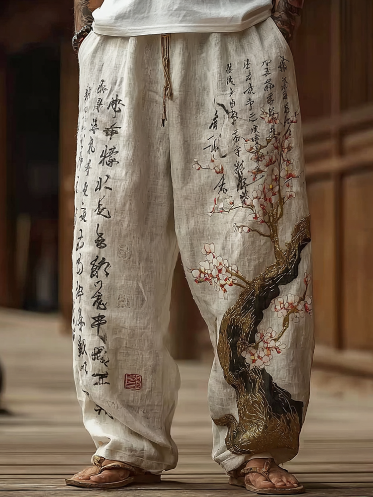 Japanese Art Style Sakura And Calligraphy Pattern Leisure Linen Long Pants