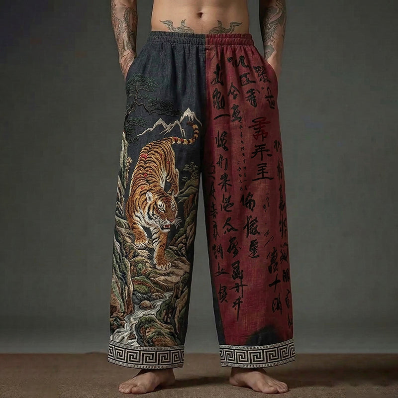 Men's Japanese Style Tiger And Calligraphy Art Contrasting Colors Cotton Linen Vintage Pants