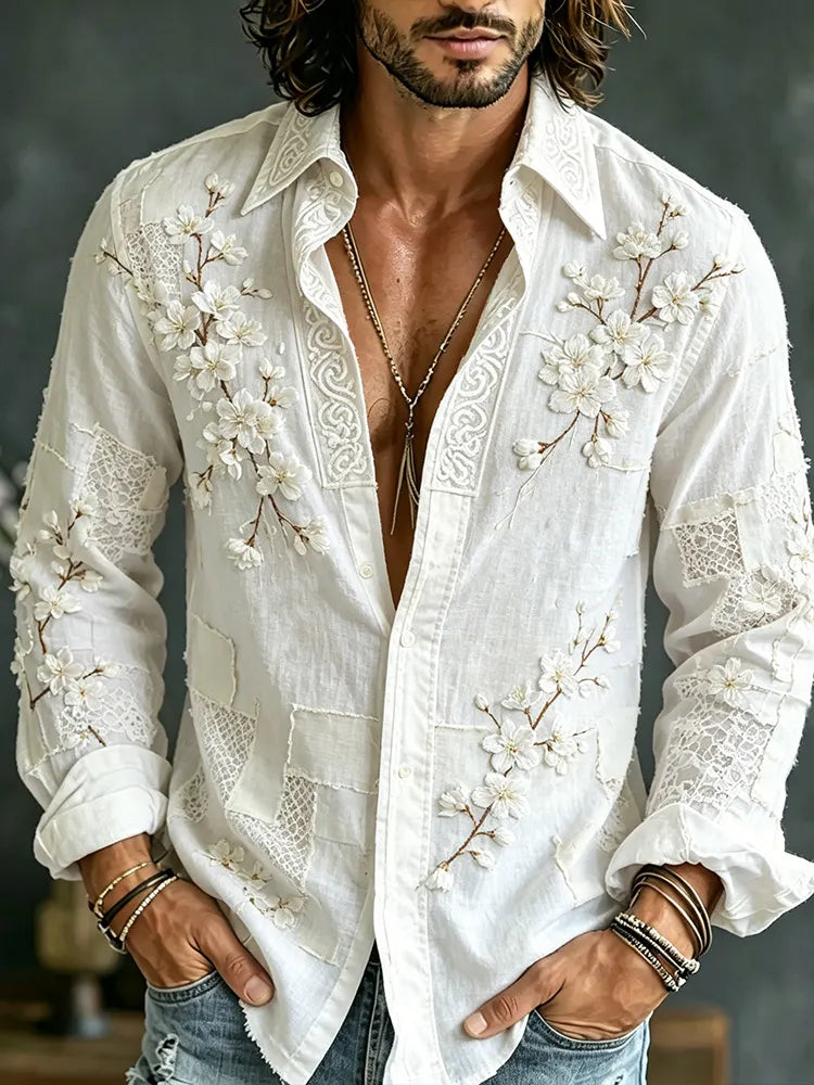 Men's Japanese Style White Cherry Blossom Embroidered Artistic Patchwork Long Sleeve Shirt