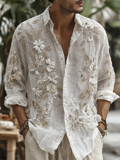 Men's Vintage Floral Embroidered Art Comfy Linen Shirt