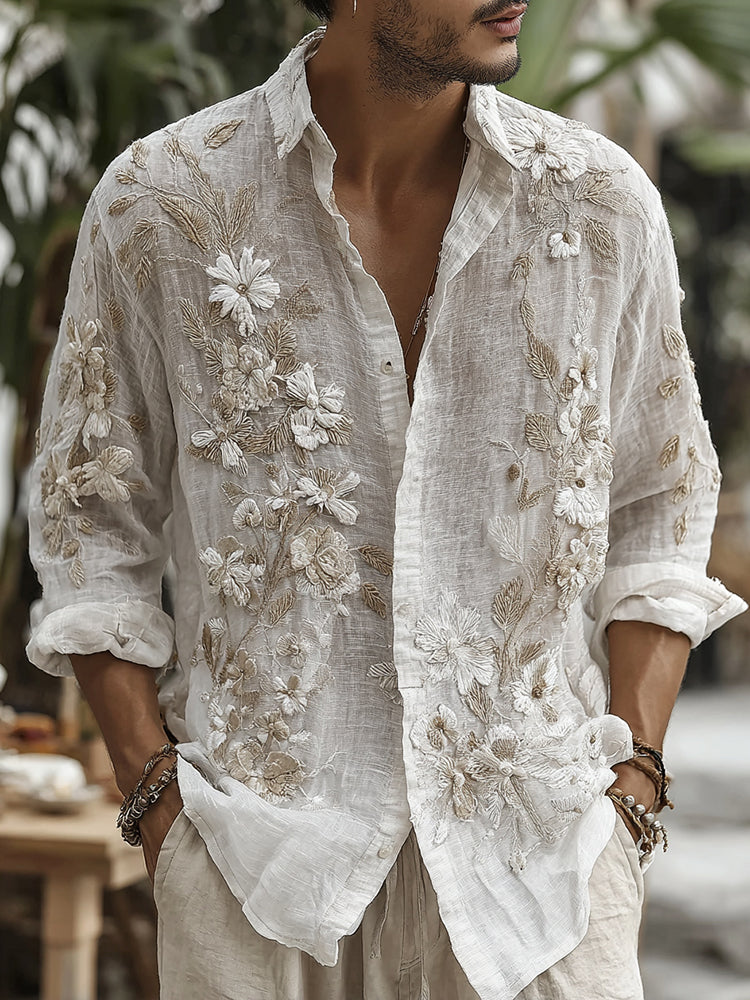 Men's Vintage Floral Embroidered Art Comfy Linen Shirt